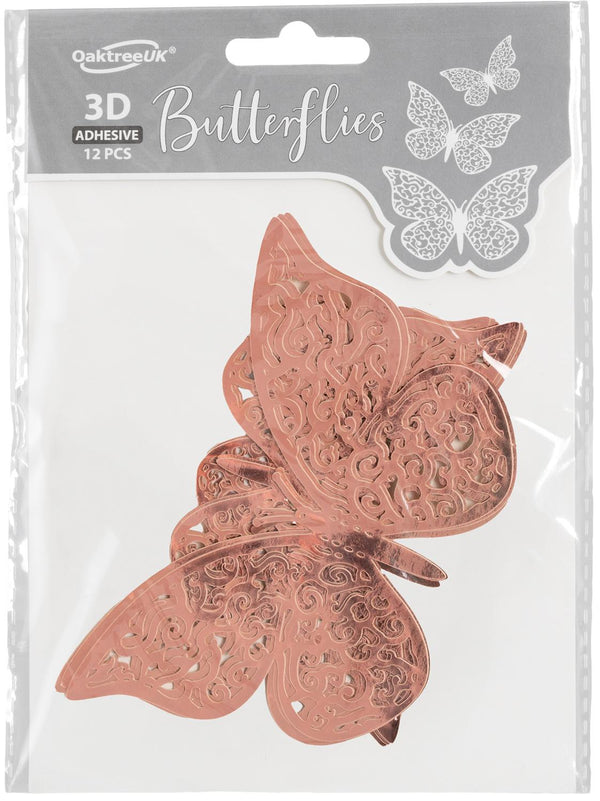 3D Adhesive Butterflies Rose Gold  - (12 Pack)