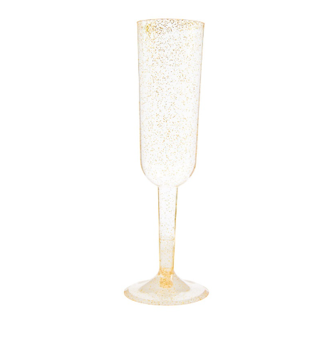 Gold Glitter Plastic Champagne Flutes- (4 Pack)
