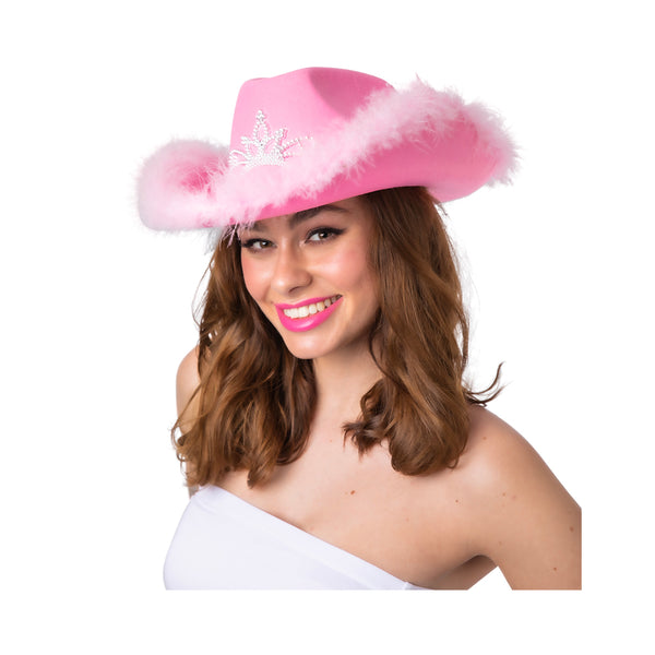 Pink Cowgirl Hat with Tiara & Feathers - (14+)