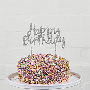 SILVER ACRYLIC 'HAPPY BIRTHDAY' CAKE TOPPER - (130x130mm)
