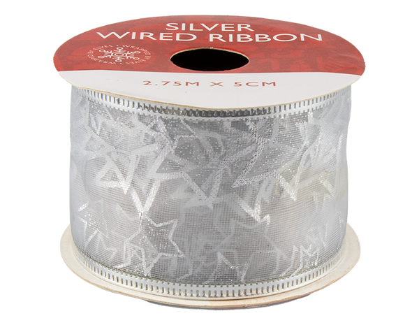 Silver Christmas Wired Ribbon - (5cm x 2.75m)