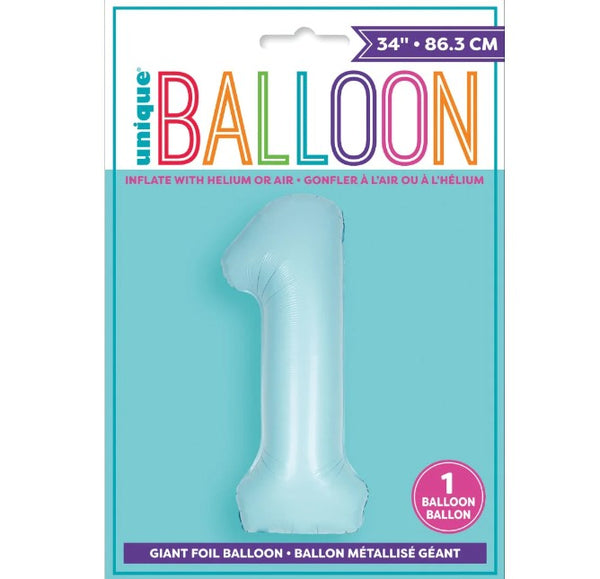 34" Matte Powder Blue Number 1 Shaped Foil Balloon (Non Inflated)