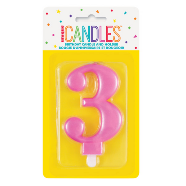 Metallic Pink Number 3 Birthday Candle