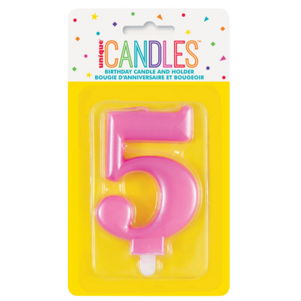 Metallic Pink Number 5 Birthday Candle