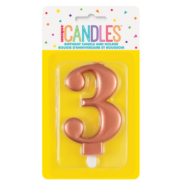 Metallic Rose Gold Number 3 Birthday Candle
