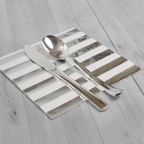 Silver Foil Stripes Luncheon Napkins - Foil Stamped (16 Pack)
