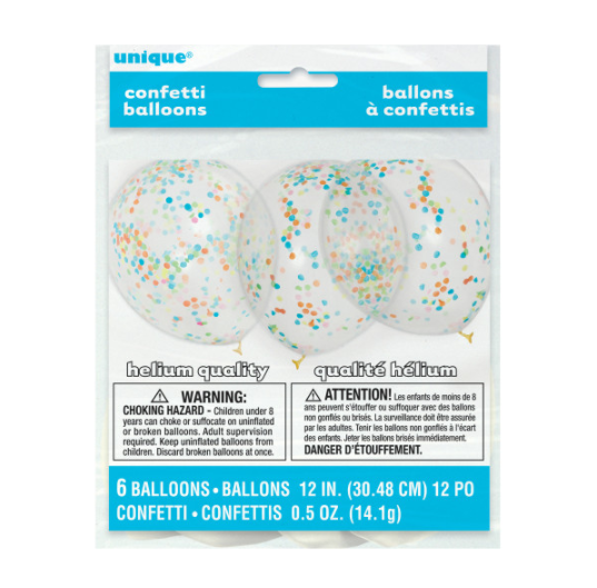 12" Clear Latex Balloons with Multi-Colored Confetti (6 Pack)
