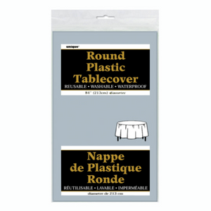 Silver Solid Round Plastic Table Cover (84")
