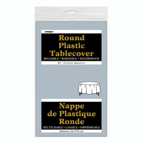 Silver Solid Round Plastic Table Cover (84")