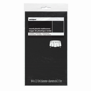 Black Solid Round Plastic Table Cover - Short Fold (84")