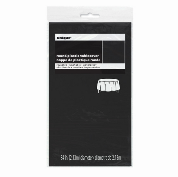 Black Solid Round Plastic Table Cover - Short Fold (84")