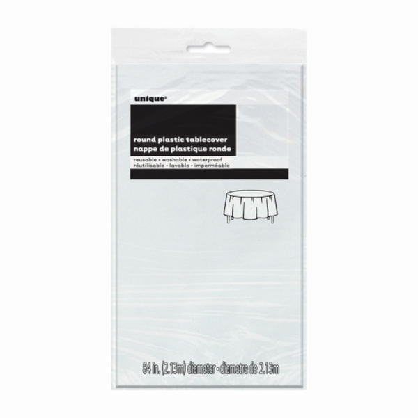White Solid Round Plastic Table Cover - Short Fold (84")