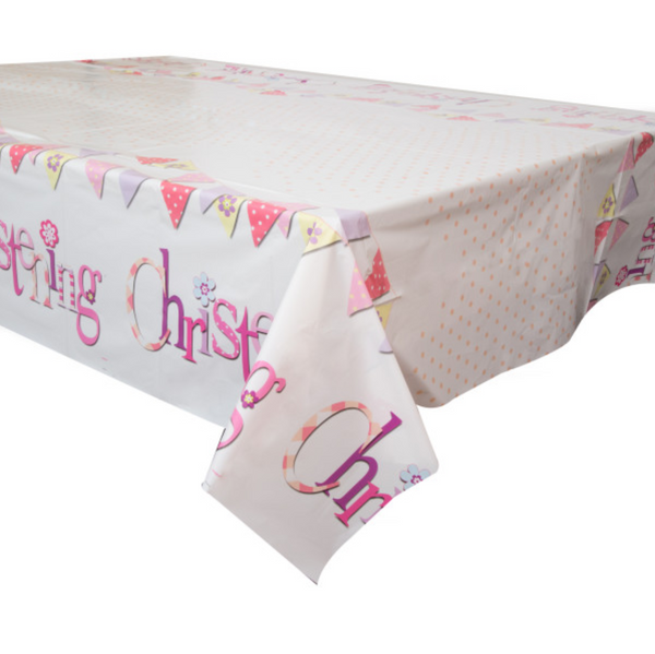 Pink Bunting Christening Rectangular Plastic Table Cover (54"x84")