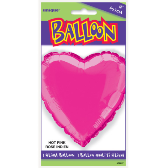 Solid Heart Foil Balloon 18"" Packaged - Hot Pink
