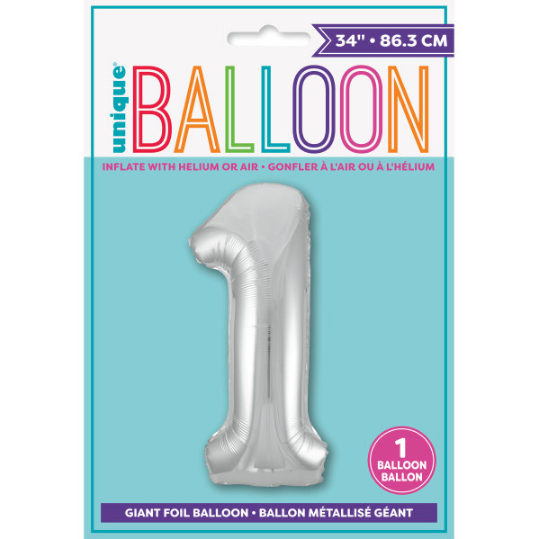 34" Silver Number 1 Shaped Foil Balloon (Non Inflated)