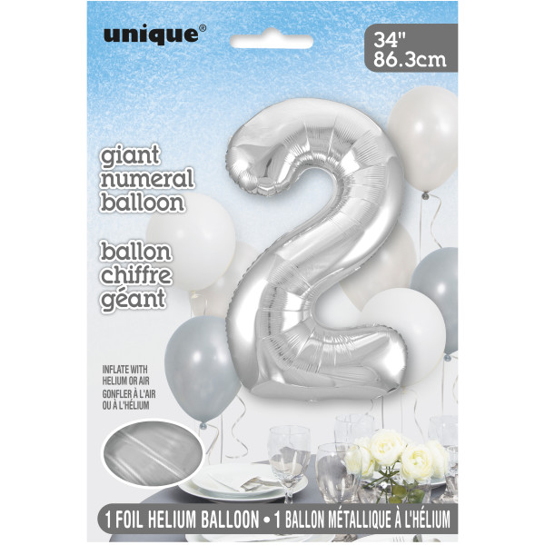34" Silver Number 2 Shaped Foil Balloon (Non Inflated)