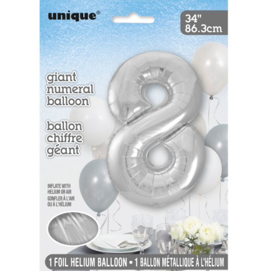 34" Silver Number 8 Shaped Foil Balloon (Non Inflated)