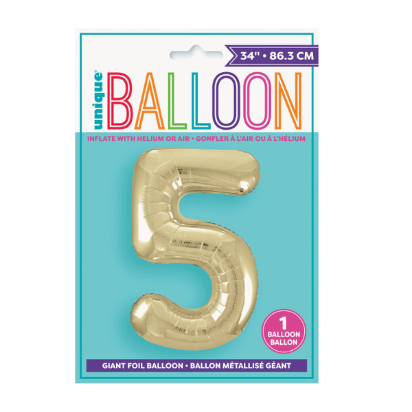 34" Gold Number 5 Shaped Foil Balloon (Non Inflated)