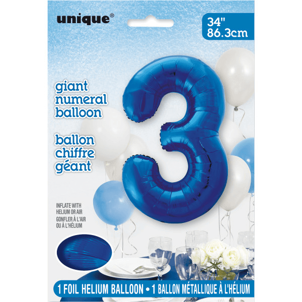 34" Blue Number 3 Shaped Foil Balloon (Non Inflated)
