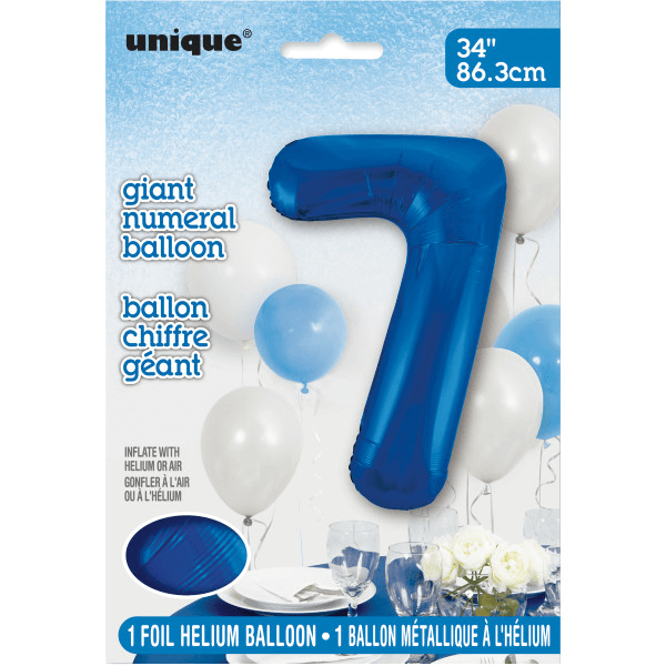 34" Blue Number 7 Shaped Foil Balloon (Non Inflated)
