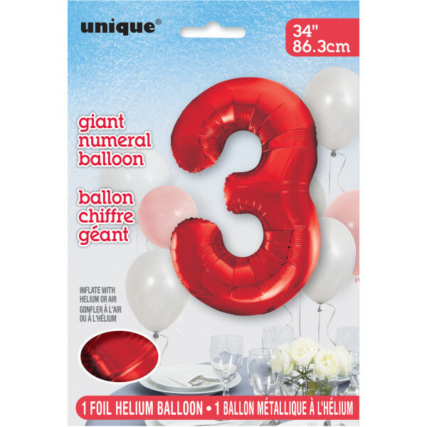 Red Number 3 Shaped Foil Balloon (34"")