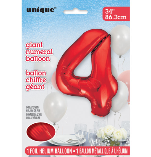 Red Number 4 Shaped Foil Balloon (34"")
