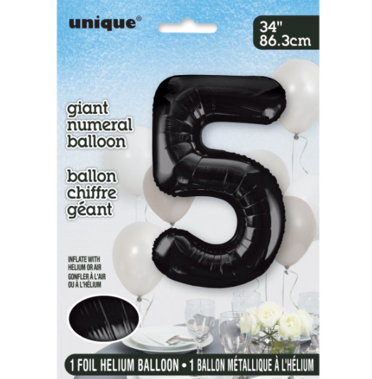 34" Black Number 5 Shaped Foil Balloon (Non Inflated)