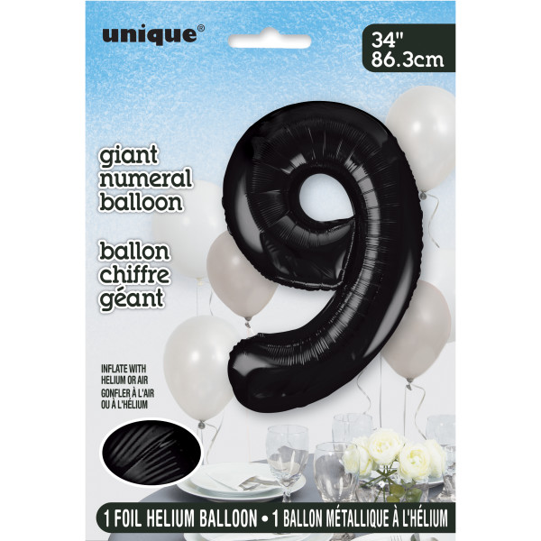 34" Black Number 9 Shaped Foil Balloon (Non Inflated)