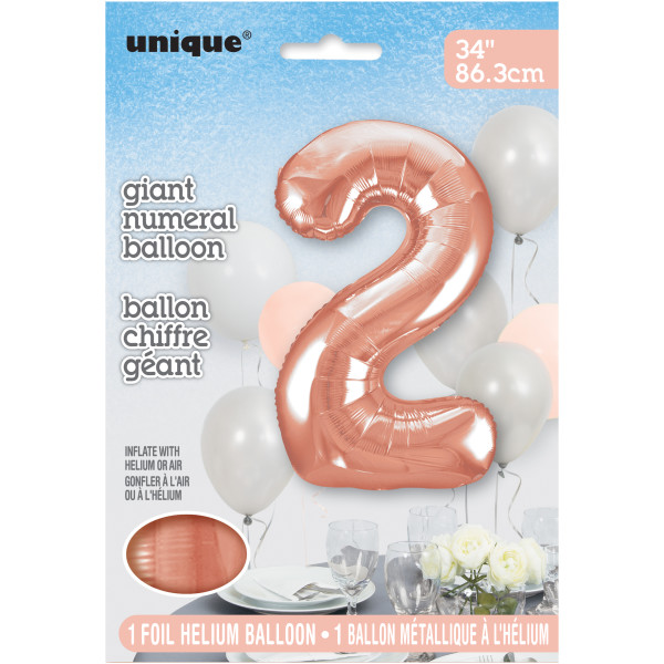 34" Rose Gold Number 2 Shaped Foil Balloon (Non Inflated)
