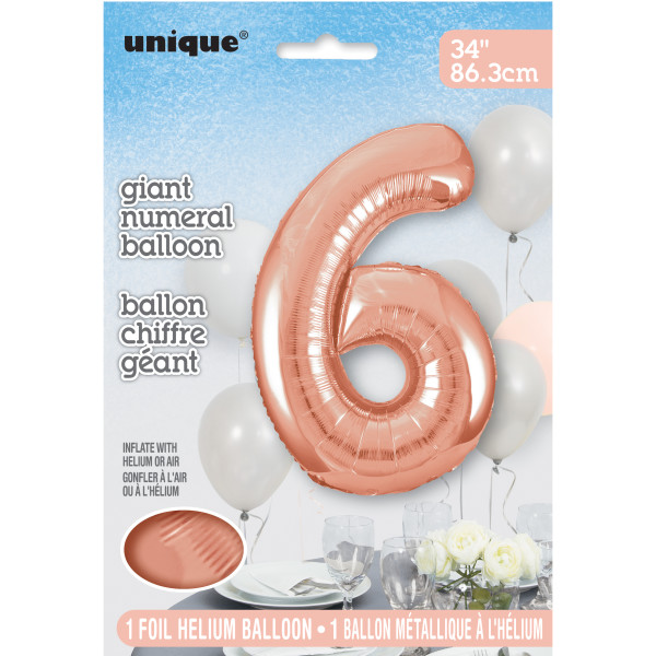 34" Rose Gold Number 6 Shaped Foil Balloon (Non Inflated)