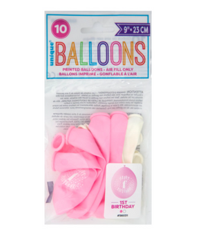 Pink Happy 1st Birthday 9" Latex Balloons (10 Pack)