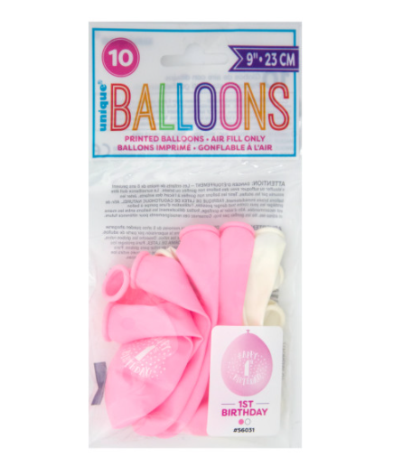 Pink Happy 1st Birthday 9" Latex Balloons (10 Pack)