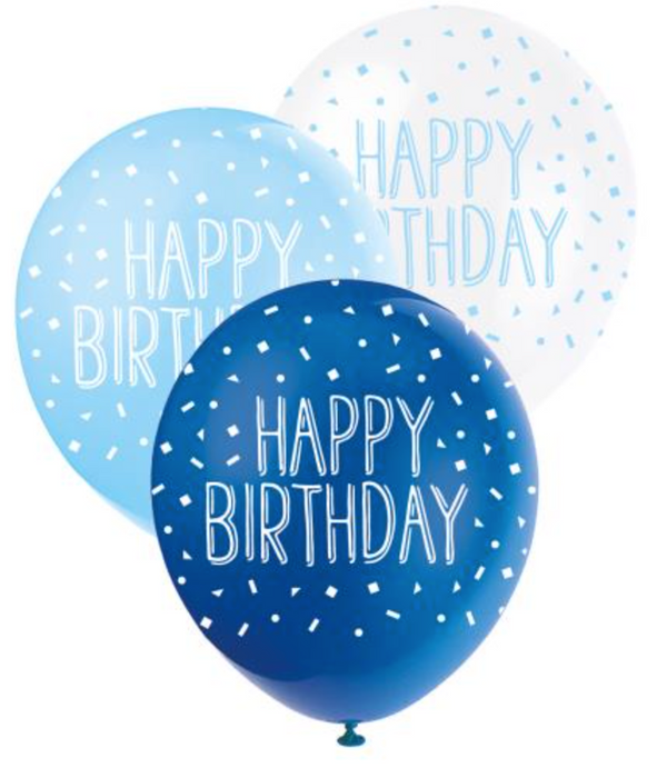 Happy Birthday 12" Latex Balloons - Blue (5 Pack)