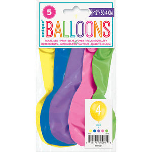 Number 4 12"" Latex Balloons (5 Pack)