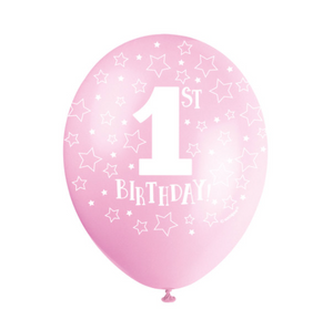 Pink 1st Birthday 12" Latex Balloons (5 Pack)