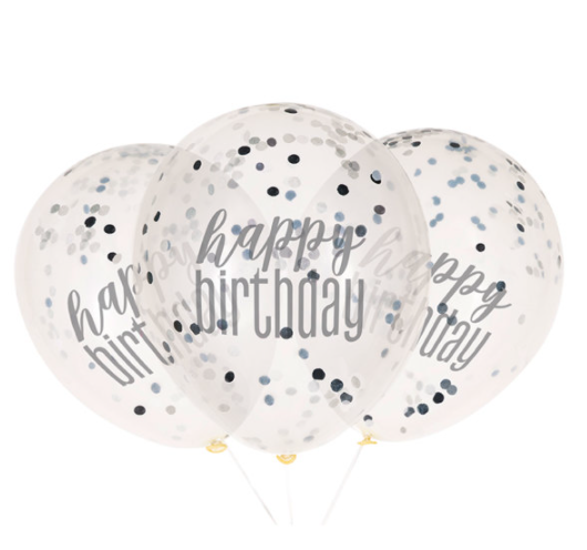 12" Clear Printed Glitz "Happy Birthday" Balloons with Confetti, Black & Silver (6 Pack)