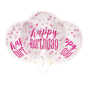 12" Clear Printed Glitz "Happy Birthday" Balloons with Confetti Pink & Silver (6 Pack)