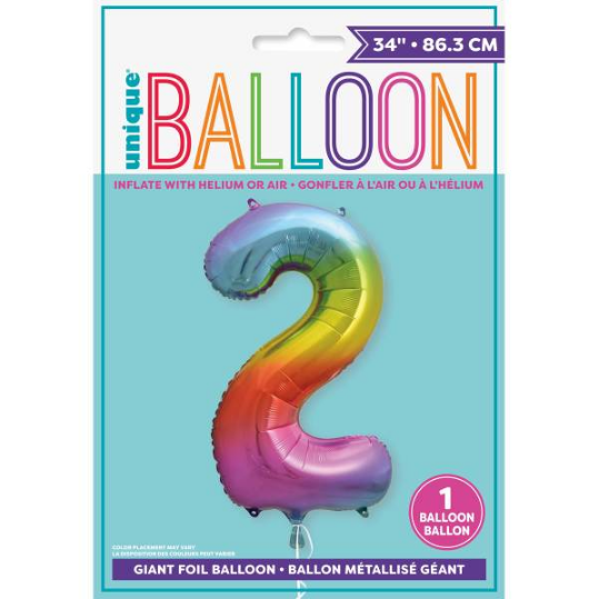 Rainbow Number 2 Shaped Foil Balloon (34"")