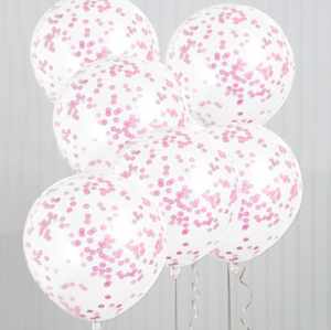 12" Clear Latex Balloons with Hot Pink Confetti (6 Pack)