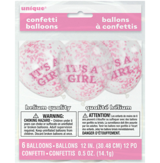 Girl Clear Latex Balloons with Pink Confetti 12" (6 Pack)