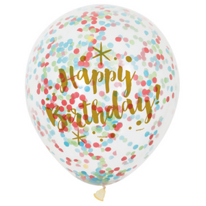 Glitzy Gold Birthday Clear 12" Latex Balloons with Confetti (6 Pack)