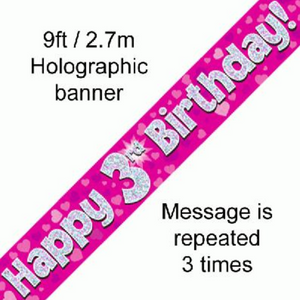 Happy 3rd Birthday Pink holographic Banner (9FT)