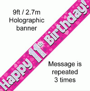 Happy 11th Birthday Pink Holographic Banner (9FT)