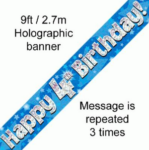 Happy 4th Birthday Blue holographic Banner (9FT)