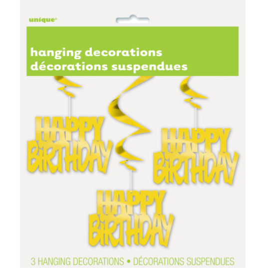 Happy Birthday Gold Foil Hanging Swirl Decorations 32" (3 Pack)