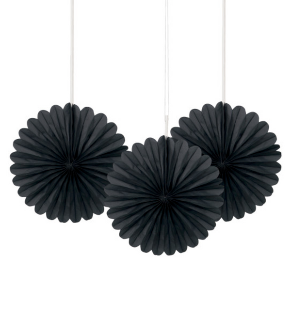 Black Solid 6" Tissue Paper Fans (3 pack)
