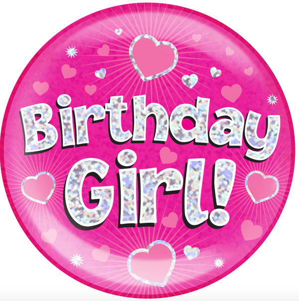 6" Jumbo Badge Birthday Girl Pink Holographic Dot