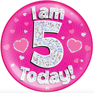 6" Jumbo Badge I am 5 Today Pink Holographic Dot