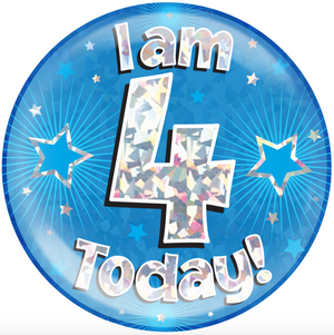 6" Jumbo Badge I am 4 Today Blue Holographic Cracked Ice