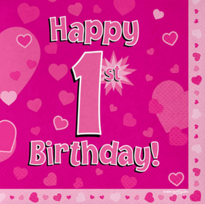 Happy 1st Birthday Pink 33cm x 33cm 3-ply Napkins (16 Pack)
